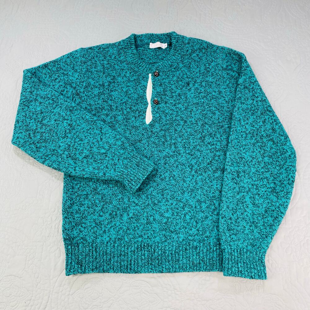 Vintage Oakbrook Sweater Small Blue Speckled Wool Henley Pullover Union USA Knit